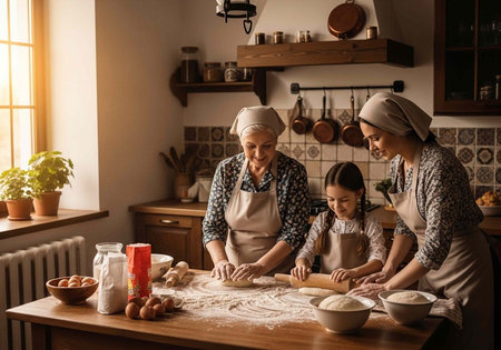 A heartwarming scene of three generations of women baking together in a cozy kitchen