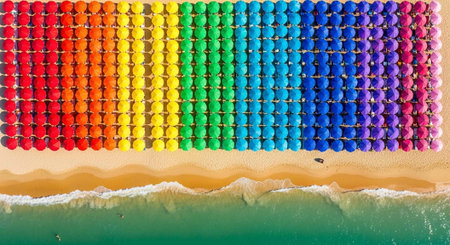 Aerial view of a vibrant rainbow-colored beach with rows of colorful umbrellas and turquoise ocean waterの写真素材