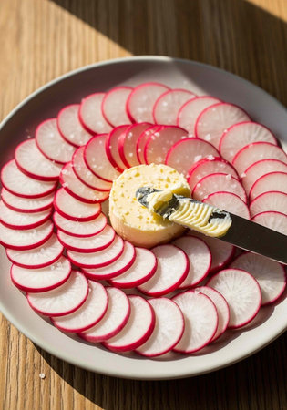 A plate of sliced radishes with a pat of butter on a wooden table