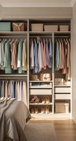 A spacious and organized walk-in closet with clothes and shoes neatly arranged on shelves and...