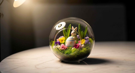 A small rabbit figurine sits inside a glass terrarium filled with colorful flowers and green moss on...