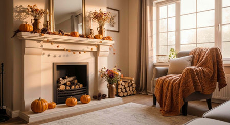 A cozy living room with a fireplace and pumpkins for fall decorationの写真素材