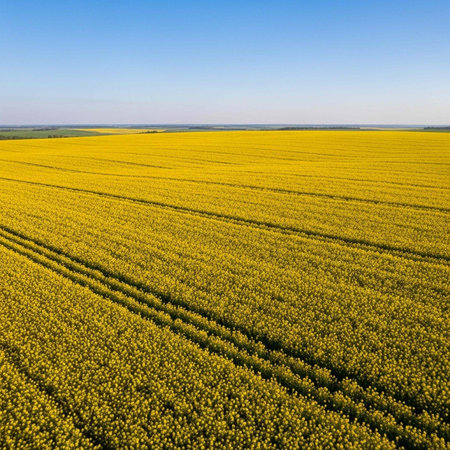 A vast field of vibrant yellow flowers under a clear blue sky on a sunny day
