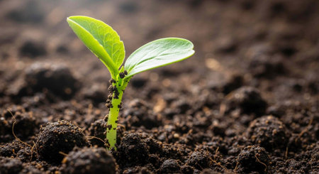 A small green plant sprouting from the earth with two leaves