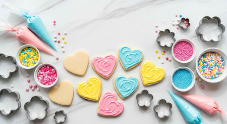A colorful assortment of heart-shaped cookies and baking supplies on a marble countertop