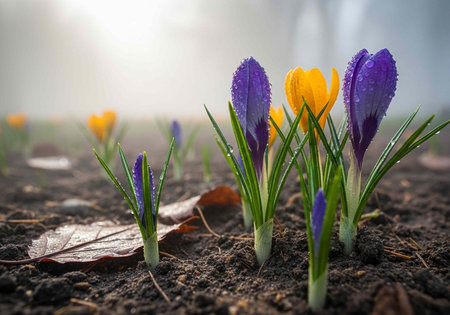 A close-up view of vibrant purple and yellow crocuses growing in the soil with dew dropsの写真素材