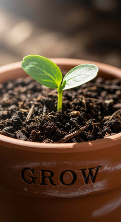 A small green plant growing in a terracotta pot with the word GROW printed on it