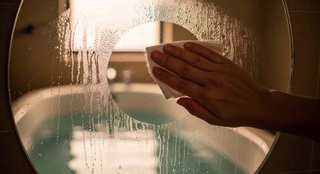 A person cleaning a steamy bathroom mirror with a cloth