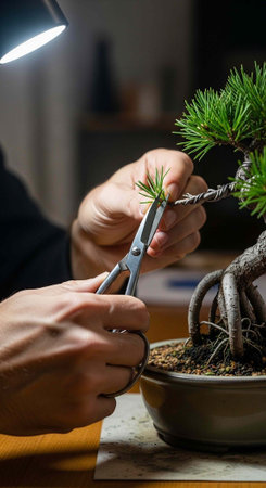 A person carefully prunes a small bonsai tree with scissors in a quiet indoor setting.の写真素材