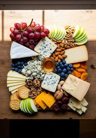 A beautifully arranged cheese and fruit platter on a wooden table with natural lightの写真素材