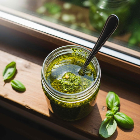 A jar of homemade pesto sauce on a wooden windowsill with fresh basil leaves and a spoonの写真素材
