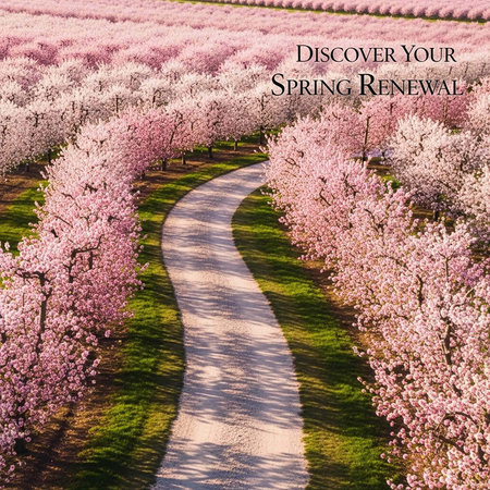A serene pathway winds through a vibrant orchard of blooming cherry blossom trees in spring