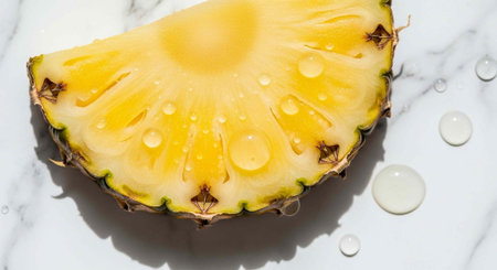 A slice of fresh pineapple on a marble surface with water droplets
