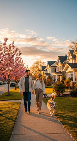 A young couple walking hand in hand with their dog on a sidewalk in a suburban neighborhood at...