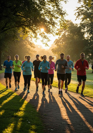A group of people jogging together on a path in a park at sunrise