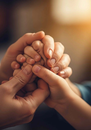 A heartwarming moment of adult and child hands intertwined in a symbol of love and connection