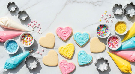 A collection of heart-shaped cookies and baking supplies on a marble countertop