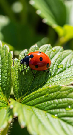 A ladybug sits on a green leaf in a natural outdoor setting with water droplets