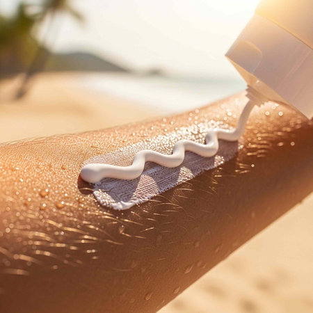 A person applying sunscreen to their arm on a sunny beach