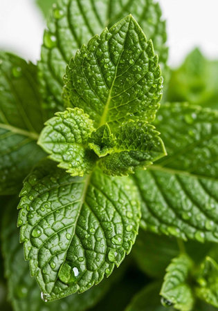 A close-up view of fresh mint leaves with water droplets on them