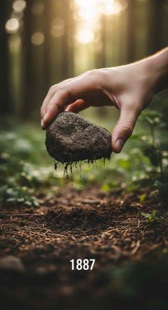 A hand holding a piece of soil in a forest with sunlight shining through the trees