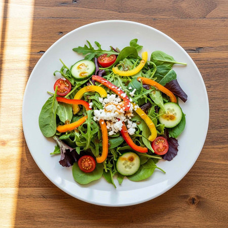 A vibrant salad with mixed greens, vegetables, and cheese on a white plate sitting on a wooden tableの写真素材