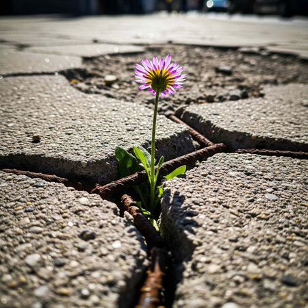 A small purple flower grows through a crack in the concrete pavement outdoorsの写真素材