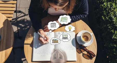 A woman sitting at a table outside, writing in a notebook with a cup of coffee and sunglasses...