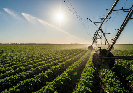 A large irrigation system waters a vast field of crops under a clear blue sky with the sun shining brightlyの写真素材