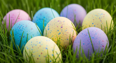 A close-up of colorful Easter eggs with speckles lying in the green grass.