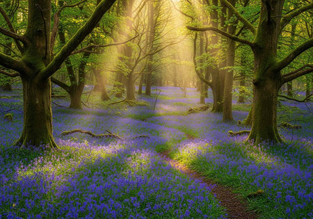 A serene forest landscape with a winding path through a field of vibrant blue flowers and tall treesの写真素材