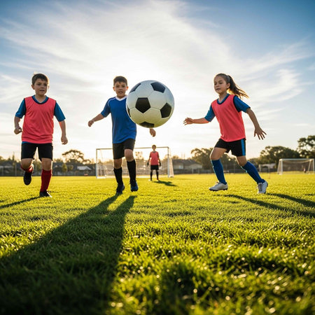 Children playing soccer on a green field with a blue skyの写真素材