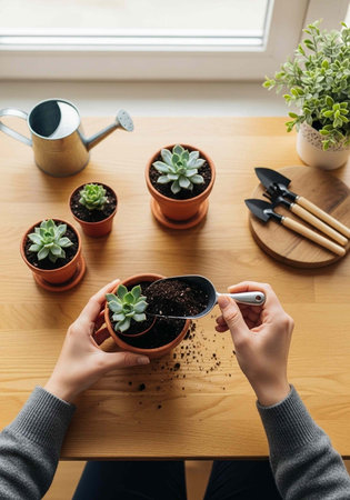 A person planting succulents in small pots on a wooden table by a window with gardening tools nearbyの写真素材