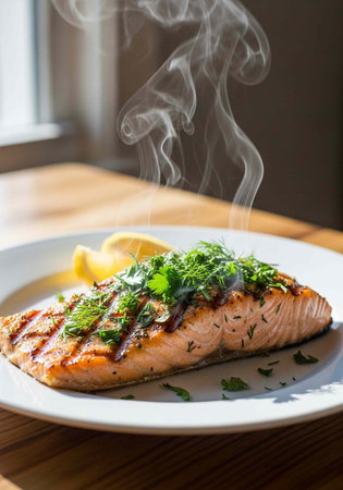 A grilled salmon fillet garnished with fresh herbs on a white plate with a side of lemon butter