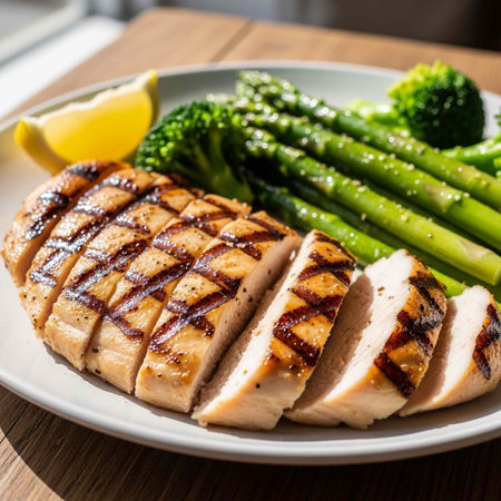 A plate of grilled chicken breast served with steamed asparagus and a slice of lemon on a wooden tableの写真素材