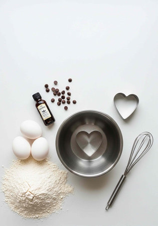 A baking scene with ingredients and tools for making heart-shaped treats on a white surface