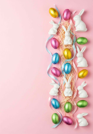 A festive Easter scene with colorful eggs and white bunnies on a pink background