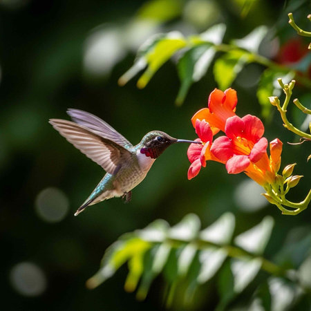 A hummingbird hovers near vibrant orange flowers in a lush green environment.