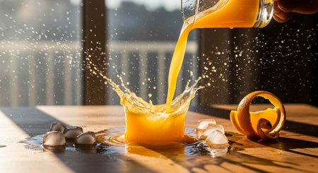 A glass of freshly squeezed orange juice being poured on a wooden table with ice cubes nearby