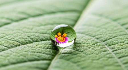 A water droplet on a green leaf reflects a small purple and yellow flower in a serene natural...