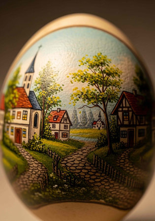 A beautifully painted egg featuring a serene village landscape with houses and a churchの写真素材