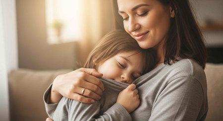 A loving mother embracing her child in a warm and cozy living room setting.