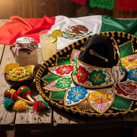 A vibrant Mexican sombrero and traditional food on a wooden table with a Mexican flag in the backgroundの写真素材