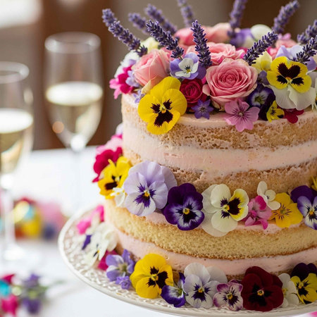 A beautifully decorated cake with colorful flowers and pink frosting on a white table with glasses