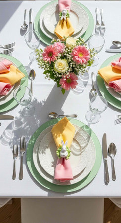 A beautifully set table with flowers and colorful napkins for a special occasion or dinner party