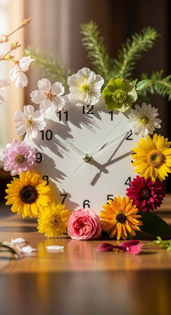A white clock surrounded by colorful flowers on a wooden table in a bright room