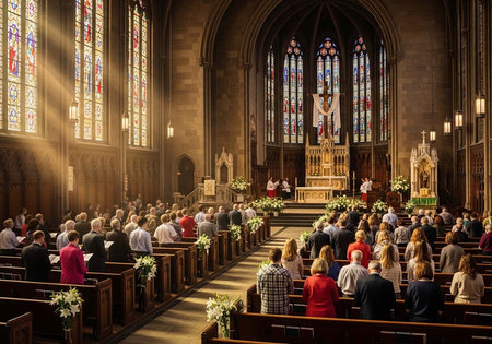 A large crowd of people sitting in pews inside a beautiful church with stained glass windowsの写真素材