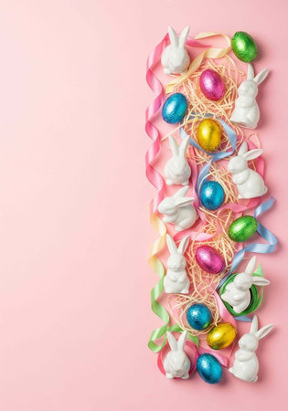 A festive Easter arrangement with colorful eggs and white bunnies on a pink background