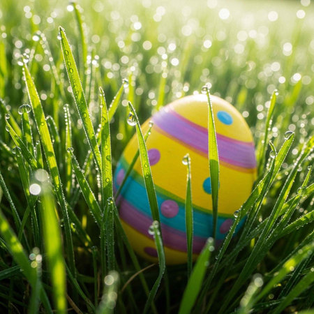 A colorful Easter egg sitting in a lush green grassy field with dew drops on the blades