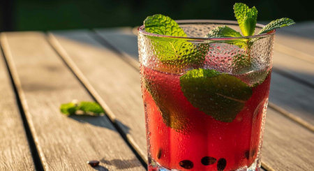 A refreshing glass of mojito on a wooden table outdoors in the sunlightの写真素材